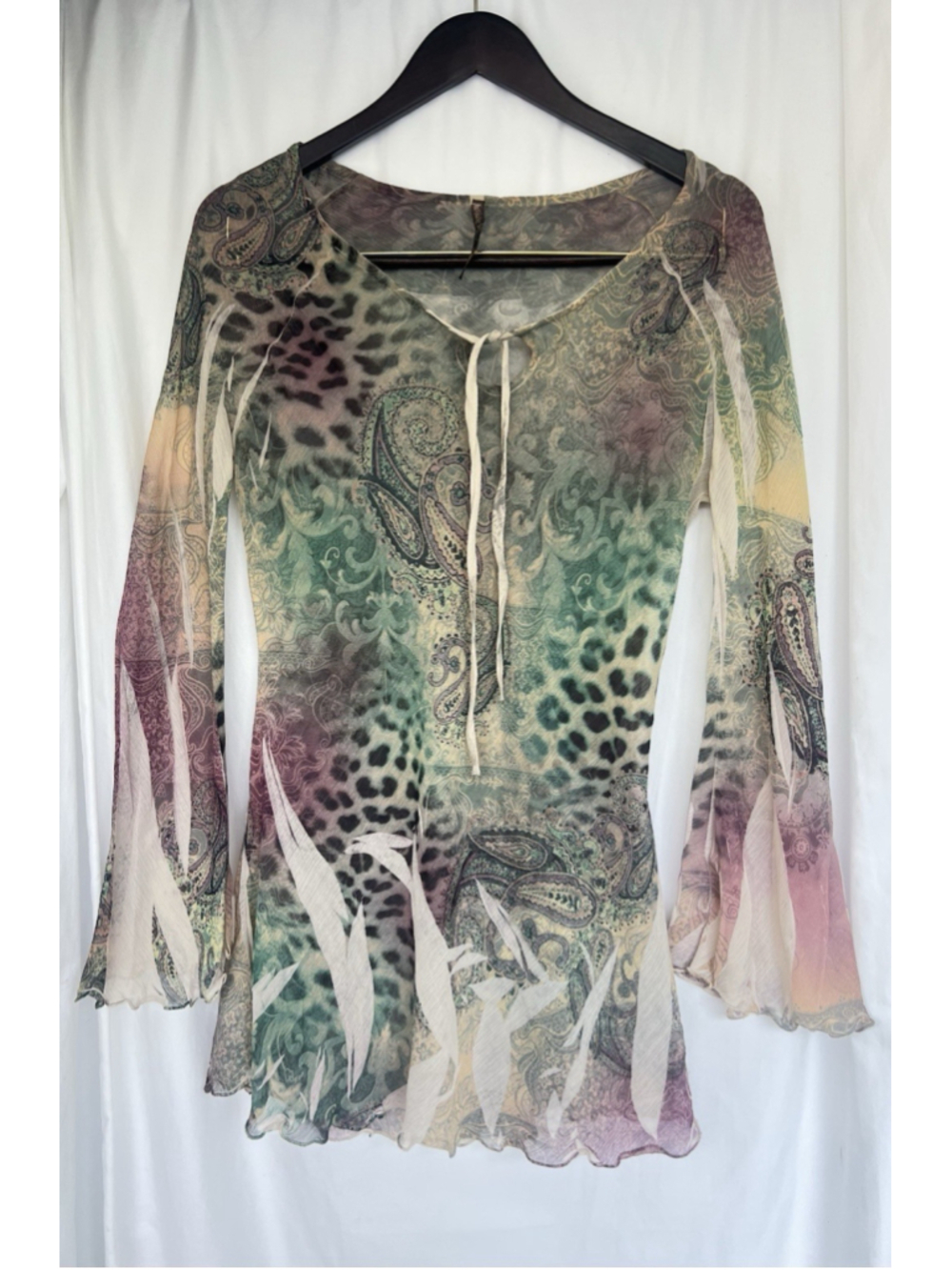 VTG Y2K Mushka By Sienna Rose Sheer Mesh Paisley Leopard Bell Sleeve Tie Top S